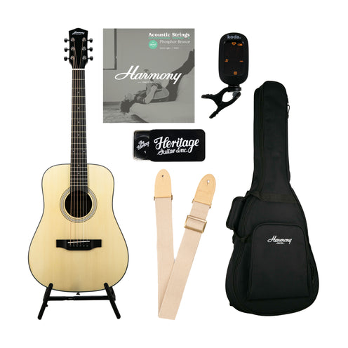 Harmony Foundation Series Terra Petite Dreadnought Acoustic Guitar Bundle, Natural Satin