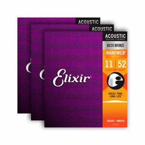 Elixir 16538 Nanoweb 80/20 Bronze Custom Light Acoustic Guitar Strings, 11-52, 3-Pack