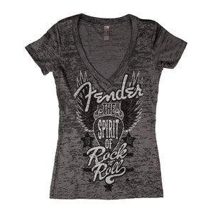 Fender V-Neck Burnout Spirit of Rock N Roll Ladies T-Shirt, Gray