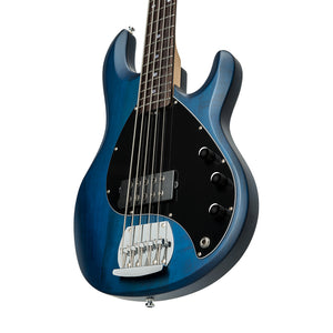 Sterling S.U.B Series RAY5 5-String Electric Bass Guitar, RW FB, Trans Blue Satin (RAY5-TBLS-R1)